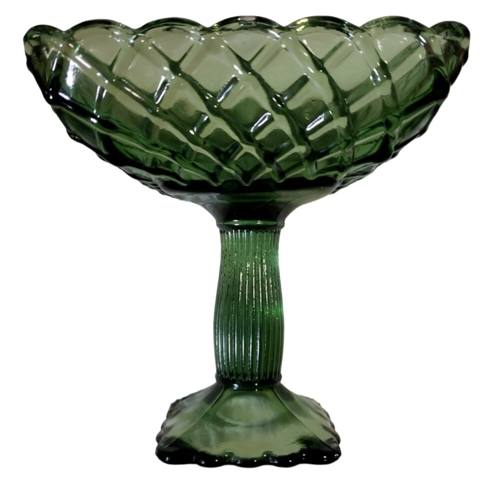 Green Glass Basketweave Pedestal Bowl Lattuce 6" Candy Dish